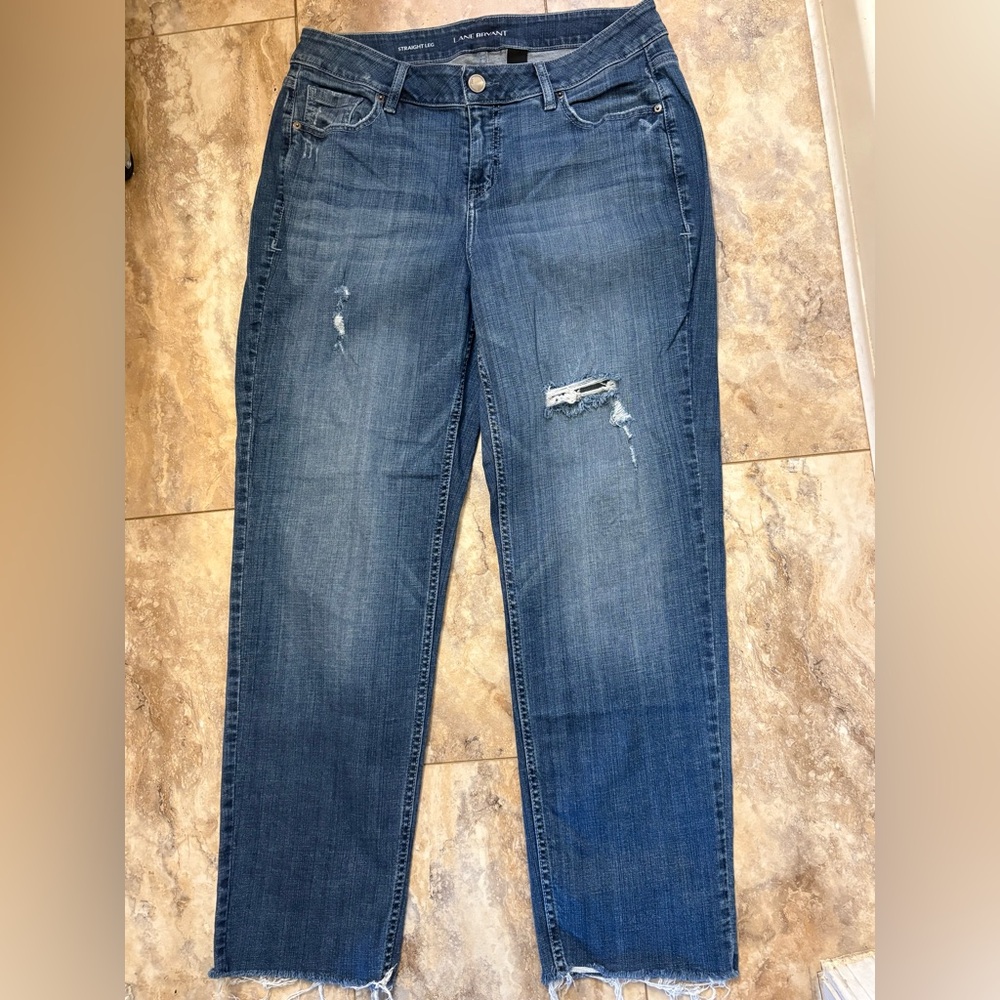 Lane Bryant Straight Leg Distressed Stretch Denim Jeans Raw Hem Women’s Size 14